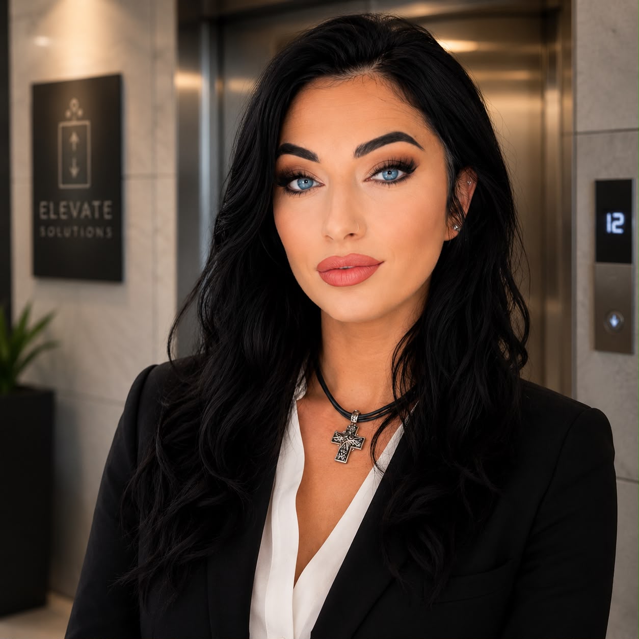 Professional woman in business attire standing near an elevator, showcasing Xpert Elevator Service's modern environment.