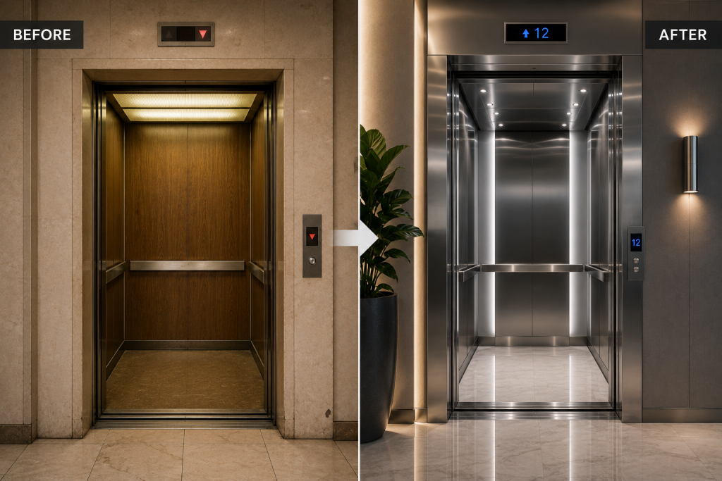 Before and after comparison of elevator modernization showcasing upgraded design and features by Xpert Elevator Service.
