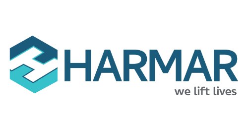 Harmar logo featuring a blue and teal design with the tagline "we lift lives," representing elevator services.